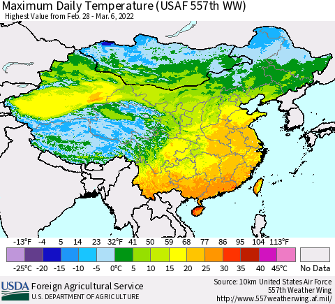 China, Mongolia and Taiwan Maximum Daily Temperature (USAF 557th WW) Thematic Map For 2/28/2022 - 3/6/2022