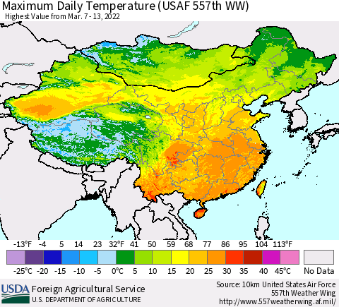 China, Mongolia and Taiwan Maximum Daily Temperature (USAF 557th WW) Thematic Map For 3/7/2022 - 3/13/2022