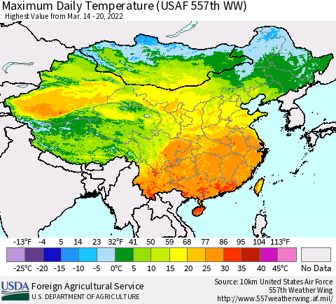 China, Mongolia and Taiwan Maximum Daily Temperature (USAF 557th WW) Thematic Map For 3/14/2022 - 3/20/2022
