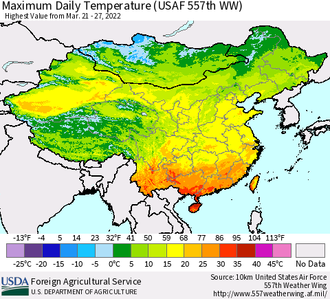 China, Mongolia and Taiwan Maximum Daily Temperature (USAF 557th WW) Thematic Map For 3/21/2022 - 3/27/2022