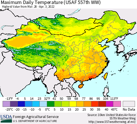China, Mongolia and Taiwan Maximum Daily Temperature (USAF 557th WW) Thematic Map For 3/28/2022 - 4/3/2022