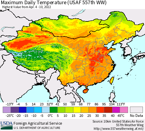 China, Mongolia and Taiwan Maximum Daily Temperature (USAF 557th WW) Thematic Map For 4/4/2022 - 4/10/2022