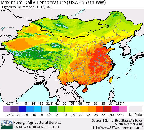 China, Mongolia and Taiwan Maximum Daily Temperature (USAF 557th WW) Thematic Map For 4/11/2022 - 4/17/2022