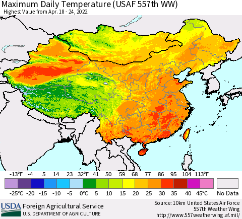 China, Mongolia and Taiwan Maximum Daily Temperature (USAF 557th WW) Thematic Map For 4/18/2022 - 4/24/2022