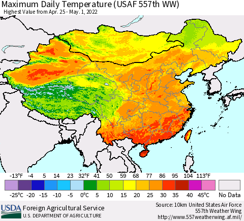 China, Mongolia and Taiwan Maximum Daily Temperature (USAF 557th WW) Thematic Map For 4/25/2022 - 5/1/2022