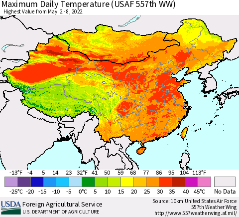 China, Mongolia and Taiwan Maximum Daily Temperature (USAF 557th WW) Thematic Map For 5/2/2022 - 5/8/2022