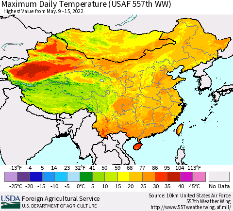China, Mongolia and Taiwan Maximum Daily Temperature (USAF 557th WW) Thematic Map For 5/9/2022 - 5/15/2022