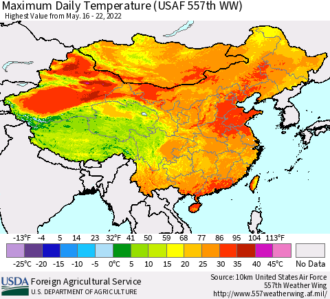 China, Mongolia and Taiwan Maximum Daily Temperature (USAF 557th WW) Thematic Map For 5/16/2022 - 5/22/2022