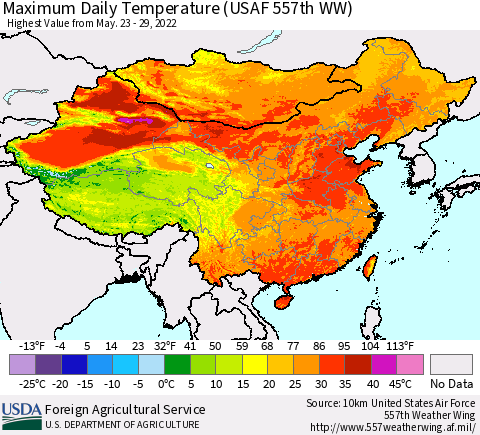 China, Mongolia and Taiwan Maximum Daily Temperature (USAF 557th WW) Thematic Map For 5/23/2022 - 5/29/2022