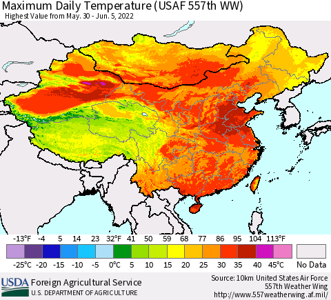 China, Mongolia and Taiwan Maximum Daily Temperature (USAF 557th WW) Thematic Map For 5/30/2022 - 6/5/2022