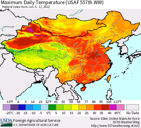 China, Mongolia and Taiwan Maximum Daily Temperature (USAF 557th WW) Thematic Map For 6/6/2022 - 6/12/2022