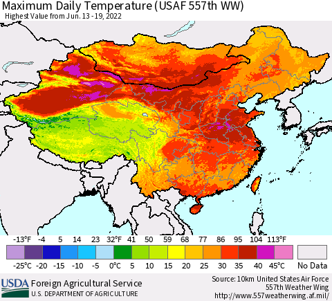 China, Mongolia and Taiwan Maximum Daily Temperature (USAF 557th WW) Thematic Map For 6/13/2022 - 6/19/2022