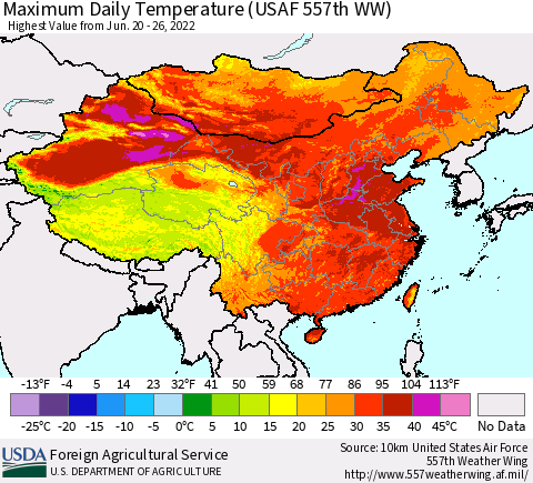China, Mongolia and Taiwan Maximum Daily Temperature (USAF 557th WW) Thematic Map For 6/20/2022 - 6/26/2022
