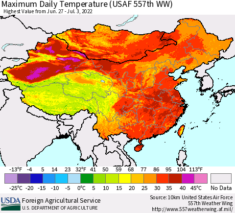 China, Mongolia and Taiwan Maximum Daily Temperature (USAF 557th WW) Thematic Map For 6/27/2022 - 7/3/2022