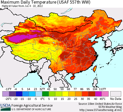 China, Mongolia and Taiwan Maximum Daily Temperature (USAF 557th WW) Thematic Map For 7/4/2022 - 7/10/2022