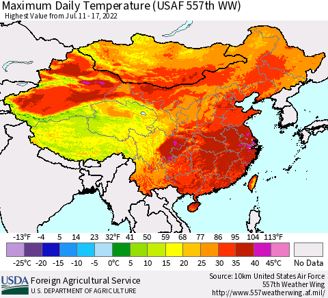 China, Mongolia and Taiwan Maximum Daily Temperature (USAF 557th WW) Thematic Map For 7/11/2022 - 7/17/2022