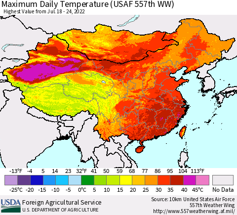 China, Mongolia and Taiwan Maximum Daily Temperature (USAF 557th WW) Thematic Map For 7/18/2022 - 7/24/2022