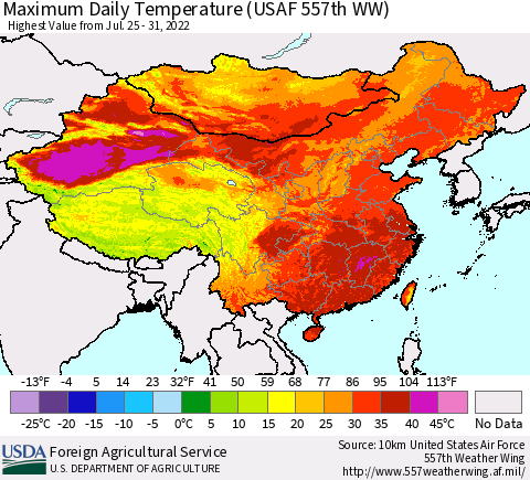China, Mongolia and Taiwan Maximum Daily Temperature (USAF 557th WW) Thematic Map For 7/25/2022 - 7/31/2022