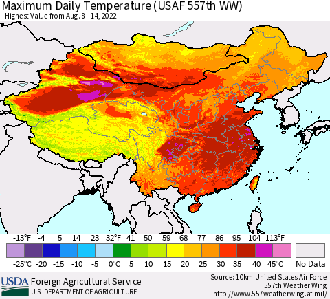 China, Mongolia and Taiwan Maximum Daily Temperature (USAF 557th WW) Thematic Map For 8/8/2022 - 8/14/2022