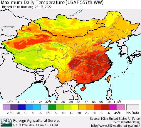 China, Mongolia and Taiwan Maximum Daily Temperature (USAF 557th WW) Thematic Map For 8/22/2022 - 8/28/2022