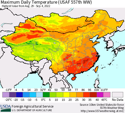 China, Mongolia and Taiwan Maximum Daily Temperature (USAF 557th WW) Thematic Map For 8/29/2022 - 9/4/2022