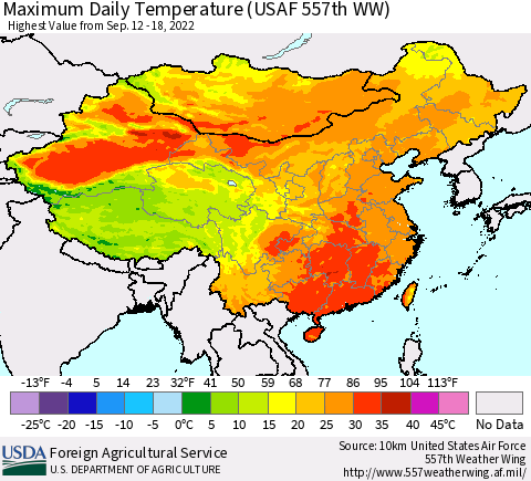China, Mongolia and Taiwan Maximum Daily Temperature (USAF 557th WW) Thematic Map For 9/12/2022 - 9/18/2022