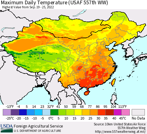 China, Mongolia and Taiwan Maximum Daily Temperature (USAF 557th WW) Thematic Map For 9/19/2022 - 9/25/2022