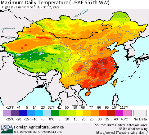 China, Mongolia and Taiwan Maximum Daily Temperature (USAF 557th WW) Thematic Map For 9/26/2022 - 10/2/2022