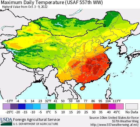 China, Mongolia and Taiwan Maximum Daily Temperature (USAF 557th WW) Thematic Map For 10/3/2022 - 10/9/2022