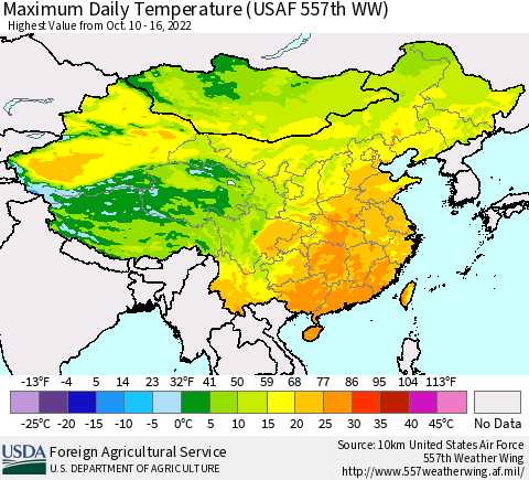China, Mongolia and Taiwan Maximum Daily Temperature (USAF 557th WW) Thematic Map For 10/10/2022 - 10/16/2022