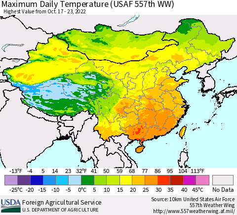 China, Mongolia and Taiwan Maximum Daily Temperature (USAF 557th WW) Thematic Map For 10/17/2022 - 10/23/2022