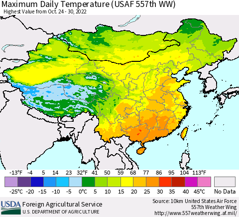China, Mongolia and Taiwan Maximum Daily Temperature (USAF 557th WW) Thematic Map For 10/24/2022 - 10/30/2022