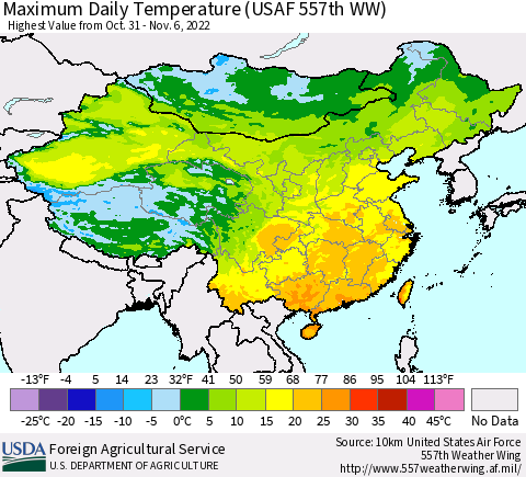 China, Mongolia and Taiwan Maximum Daily Temperature (USAF 557th WW) Thematic Map For 10/31/2022 - 11/6/2022