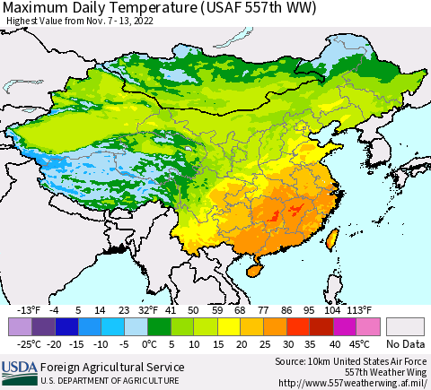 China, Mongolia and Taiwan Maximum Daily Temperature (USAF 557th WW) Thematic Map For 11/7/2022 - 11/13/2022
