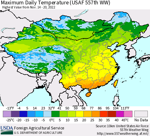 China, Mongolia and Taiwan Maximum Daily Temperature (USAF 557th WW) Thematic Map For 11/14/2022 - 11/20/2022