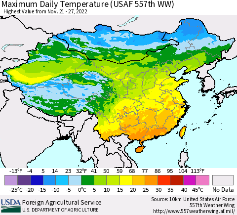 China, Mongolia and Taiwan Maximum Daily Temperature (USAF 557th WW) Thematic Map For 11/21/2022 - 11/27/2022