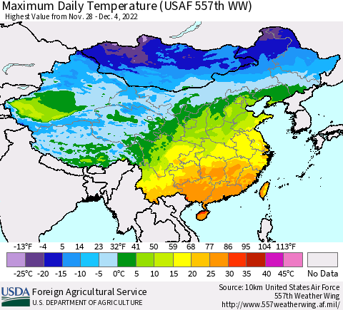 China, Mongolia and Taiwan Maximum Daily Temperature (USAF 557th WW) Thematic Map For 11/28/2022 - 12/4/2022