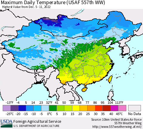 China, Mongolia and Taiwan Maximum Daily Temperature (USAF 557th WW) Thematic Map For 12/5/2022 - 12/11/2022
