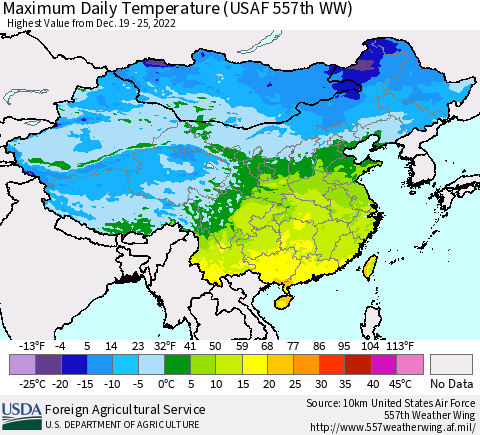 China, Mongolia and Taiwan Maximum Daily Temperature (USAF 557th WW) Thematic Map For 12/19/2022 - 12/25/2022