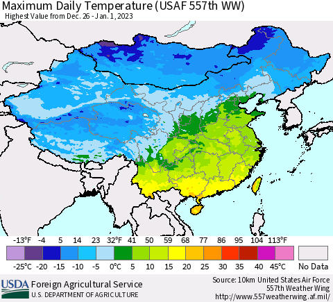 China, Mongolia and Taiwan Maximum Daily Temperature (USAF 557th WW) Thematic Map For 12/26/2022 - 1/1/2023