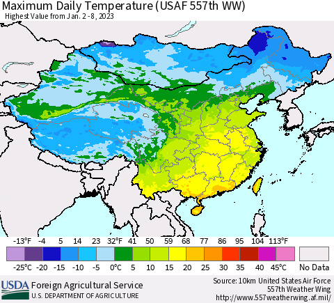China, Mongolia and Taiwan Maximum Daily Temperature (USAF 557th WW) Thematic Map For 1/2/2023 - 1/8/2023