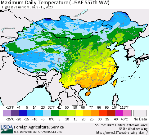 China, Mongolia and Taiwan Maximum Daily Temperature (USAF 557th WW) Thematic Map For 1/9/2023 - 1/15/2023