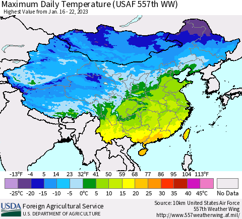 China, Mongolia and Taiwan Maximum Daily Temperature (USAF 557th WW) Thematic Map For 1/16/2023 - 1/22/2023