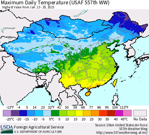 China, Mongolia and Taiwan Maximum Daily Temperature (USAF 557th WW) Thematic Map For 1/23/2023 - 1/29/2023