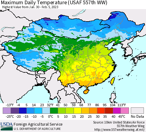 China, Mongolia and Taiwan Maximum Daily Temperature (USAF 557th WW) Thematic Map For 1/30/2023 - 2/5/2023