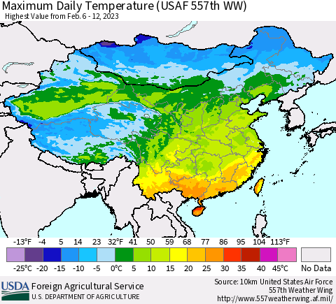 China, Mongolia and Taiwan Maximum Daily Temperature (USAF 557th WW) Thematic Map For 2/6/2023 - 2/12/2023