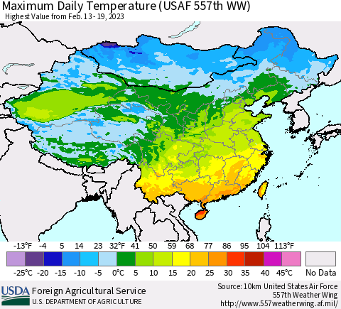 China, Mongolia and Taiwan Maximum Daily Temperature (USAF 557th WW) Thematic Map For 2/13/2023 - 2/19/2023
