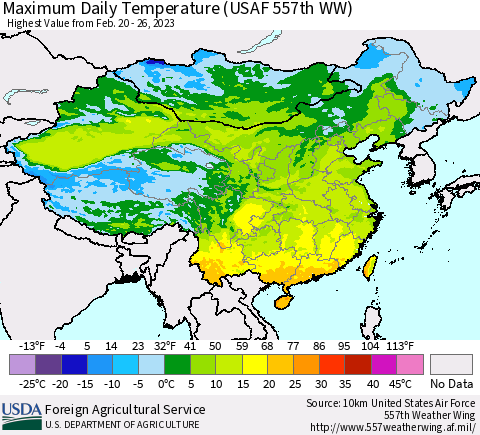 China, Mongolia and Taiwan Maximum Daily Temperature (USAF 557th WW) Thematic Map For 2/20/2023 - 2/26/2023