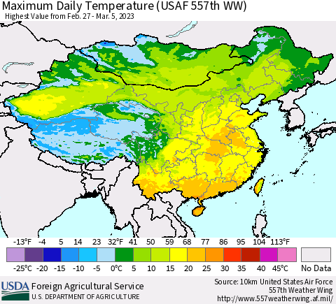 China, Mongolia and Taiwan Maximum Daily Temperature (USAF 557th WW) Thematic Map For 2/27/2023 - 3/5/2023