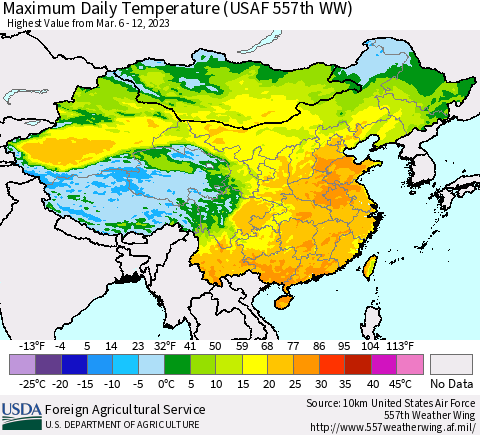 China, Mongolia and Taiwan Maximum Daily Temperature (USAF 557th WW) Thematic Map For 3/6/2023 - 3/12/2023